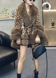 Chic Leopard Fur Collar Drawstring Patchwork Faux Leather Coats Winter