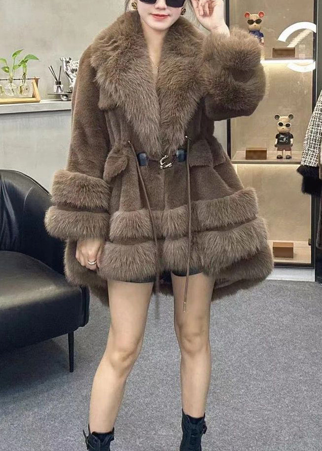 Chic Leopard Fur Collar Drawstring Patchwork Faux Leather Coats Winter