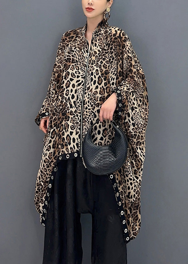 Chic Leopard Zippered Low High Design Cotton Coat Fall