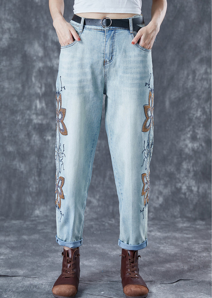 Chic Light Blue Embroidered Zircon Denim Harem Pants Summer