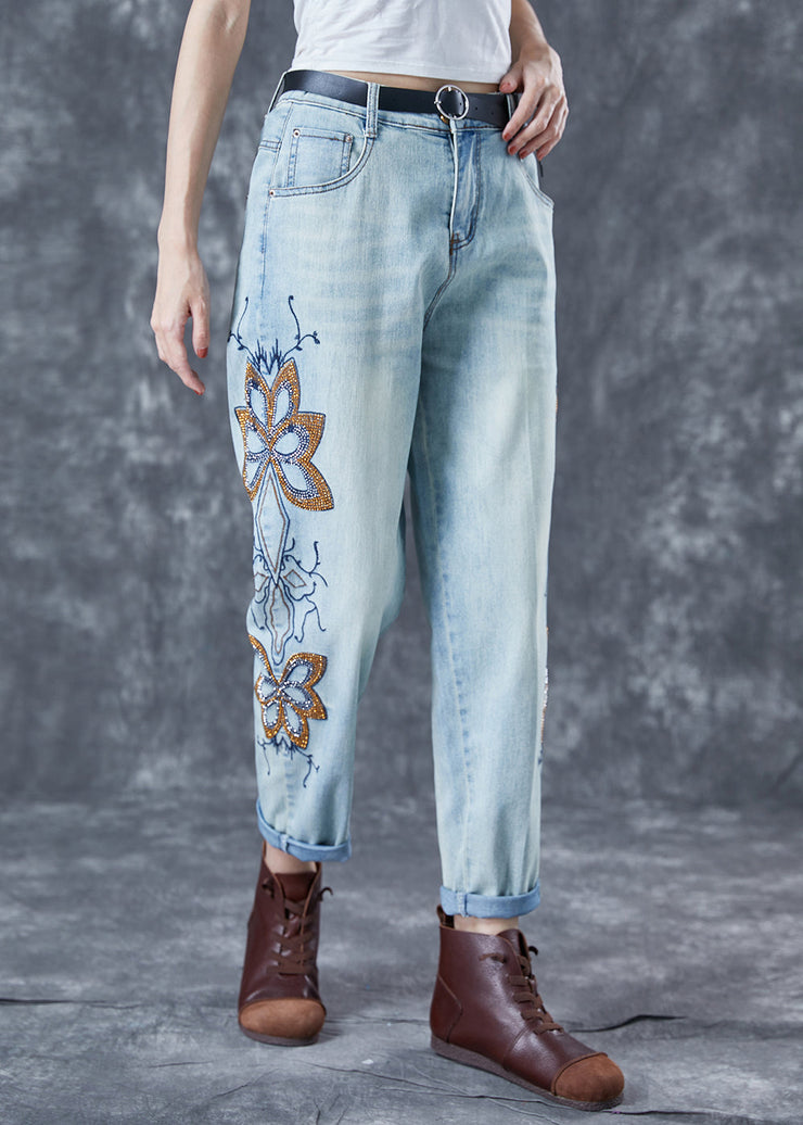 Chic Light Blue Embroidered Zircon Denim Harem Pants Summer