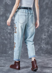 Chic Light Blue Embroidered Zircon Denim Harem Pants Summer