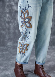 Chic Light Blue Embroidered Zircon Denim Harem Pants Summer