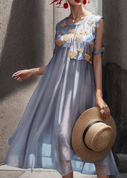 Chic Light Blue O Neck Print Patchwork Silk Long Dresses Summer