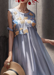 Chic Light Blue O Neck Print Patchwork Silk Long Dresses Summer