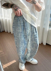 Chic Light Blue Striped Elastic Waist Denim Pants Men Summer