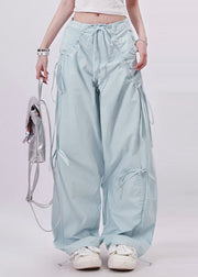 Chic Light Blue Tie Waist Bow Cotton Pants Spring