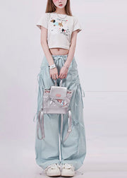 Chic Light Blue Tie Waist Bow Cotton Pants Spring