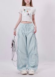 Chic Light Blue Tie Waist Bow Cotton Pants Spring