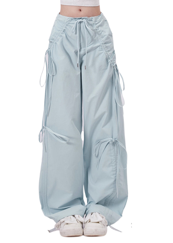 Chic Light Blue Tie Waist Bow Cotton Pants Spring