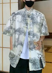 Chic Light Grey Chinese Button Print Ice Silk Mens Shirts Summer