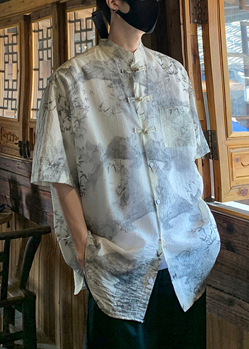 Chic Light Grey Chinese Button Print Ice Silk Mens Shirts Summer