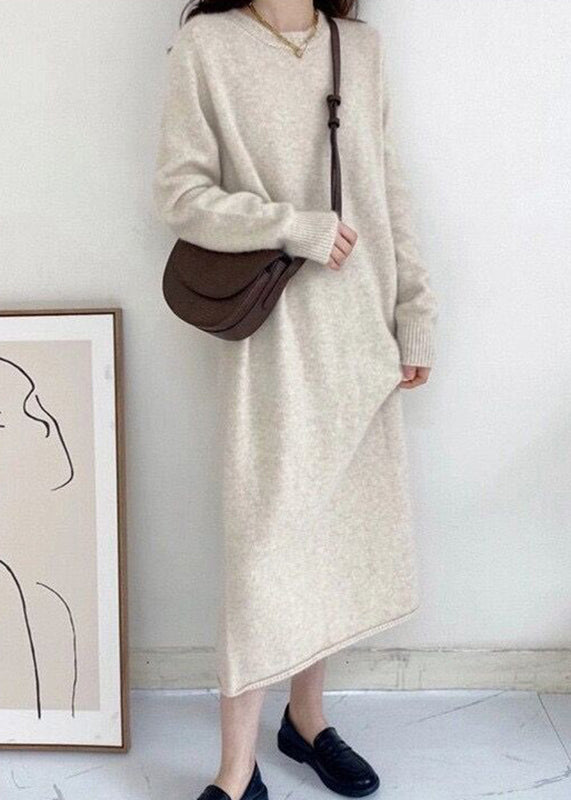 Chic Light Grey Cozy Long Cashmere Knit Sweater Dress Fall