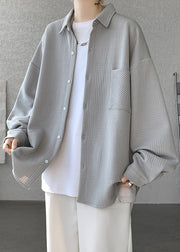 Chic Light Grey Jacquard Pockets Cotton Mens Shirts Spring