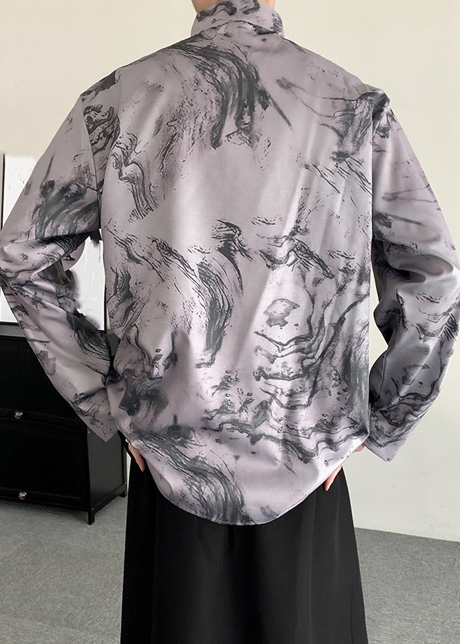 Chic Light Grey Lace Up Print Patchwork Men Shirts Long Sleeve