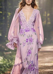 Chic Light Purple Print Ruffled Patchwork Chiffon Long Dresses Spring