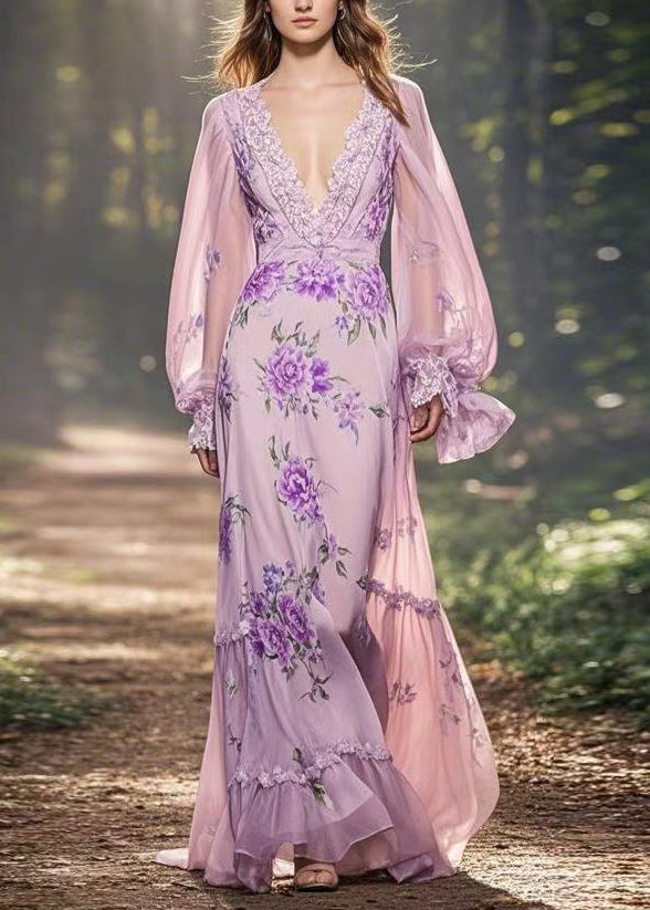 Chic Light Purple Print Ruffled Patchwork Chiffon Long Dresses Spring