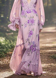 Chic Light Purple Print Ruffled Patchwork Chiffon Long Dresses Spring