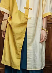 Chic Light Yellow Chinese Button Patchwork Linen Dresses Summer