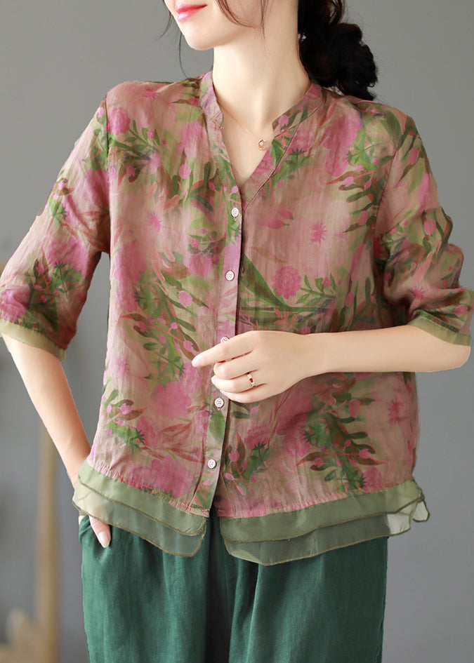 Chic Lotus Root Pink Color Print Button Linen Shirt Summer