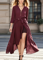 Chic Mulberry Asymmetrical Tie Waist Cotton Dress Fall