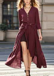 Chic Mulberry Asymmetrical Tie Waist Cotton Dress Fall