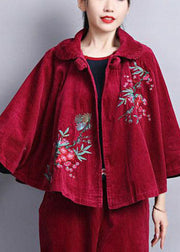 Chic Mulberry Peter Pan Collar Embroideried Corduroy Coats Cloak Sleeves