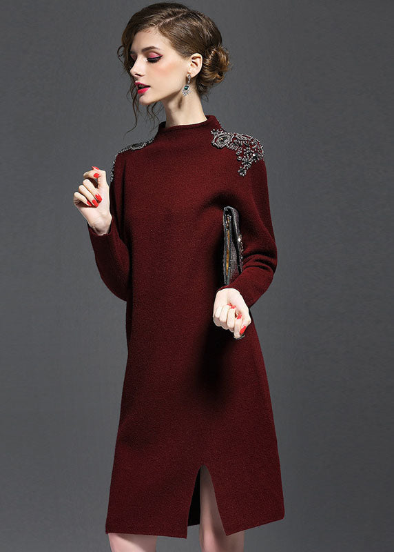 Chic Mulberry Turtle Neck Side Open Knit Sweater Dress Long Sleeve