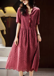 Chic Mulberry V Neck Hollow Out Sashes Cotton Maxi Dress Short Sleeve