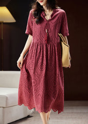 Chic Mulberry V Neck Hollow Out Sashes Cotton Maxi Dress Short Sleeve
