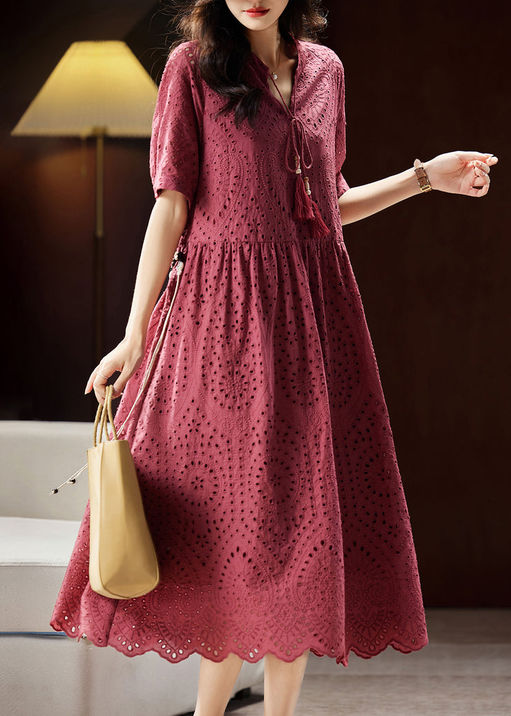 Chic Mulberry V Neck Hollow Out Sashes Cotton Maxi Dress Short Sleeve