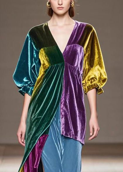 Chic Multicolor Asymmetrical Patchwork Silk Velvet Dress Half Sleeve