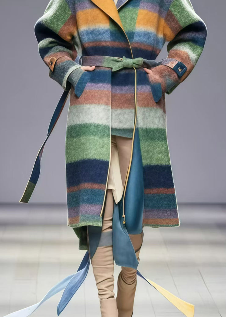 Chic Multicolor Tie Waist Striped Woolen Coat Fall