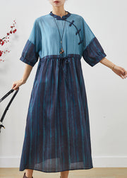 Chic Navy Cinched Patchwork Striped Linen Dresses Summer