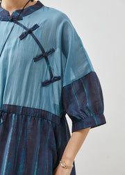 Chic Navy Cinched Patchwork Striped Linen Dresses Summer