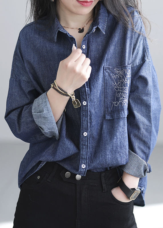 Chic Navy Embroidered Denim Shirt Spring