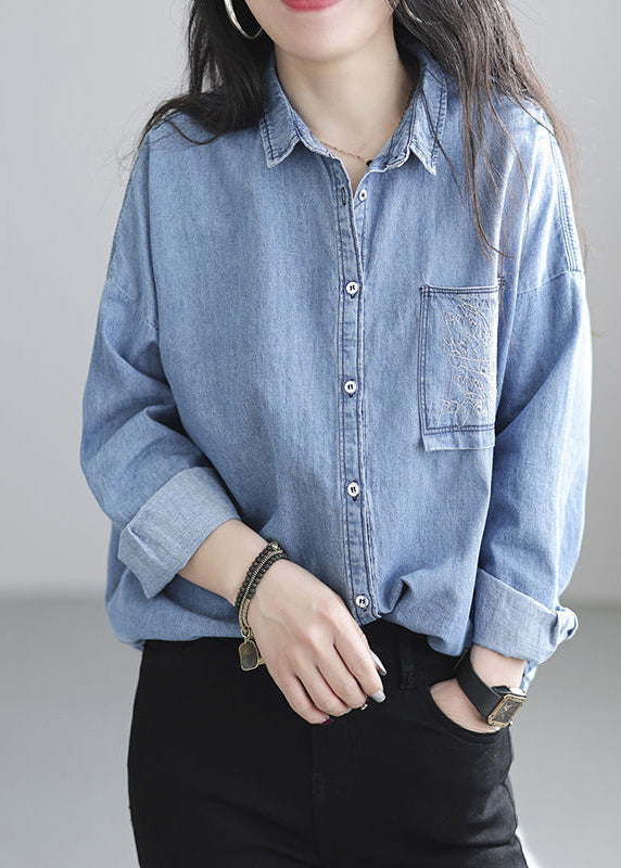 Chic Navy Embroidered Denim Shirt Spring