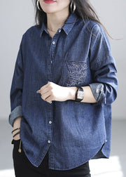 Chic Navy Embroidered Denim Shirt Spring