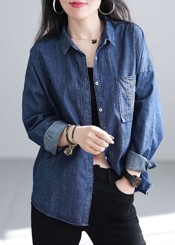 Chic Navy Embroidered Denim Shirt Spring