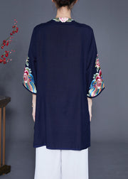 Chic Navy Embroideried Linen Long Shirt Bracelet Sleeve