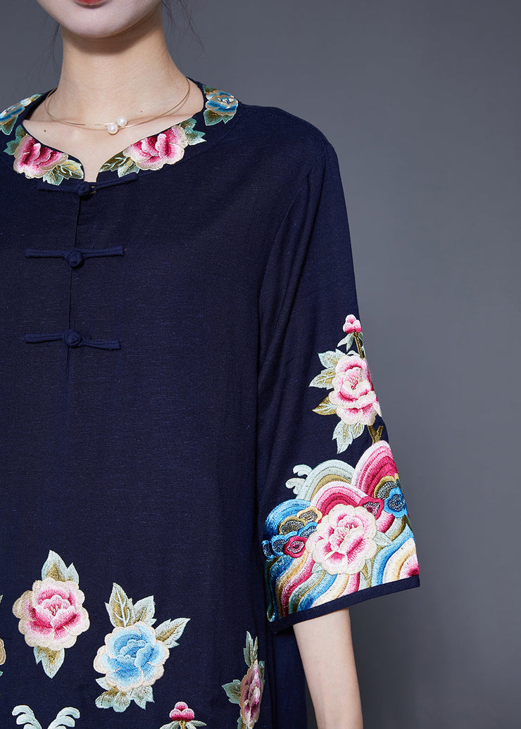 Chic Navy Embroideried Linen Long Shirt Bracelet Sleeve