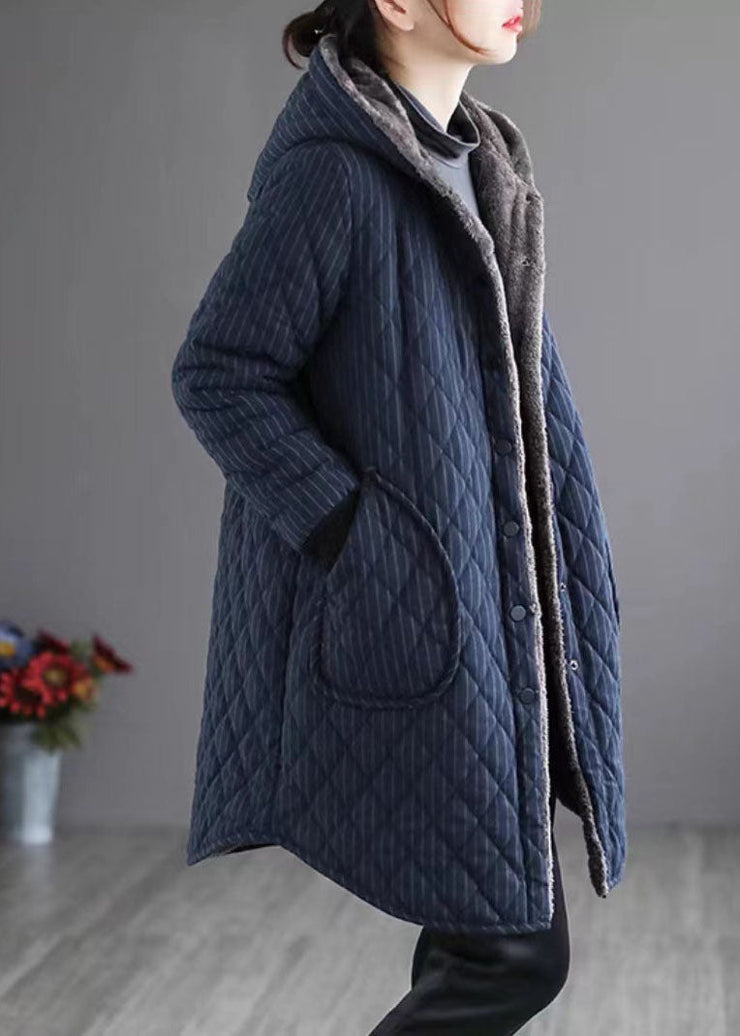 Chic Navy Hooded Striped Warm Fleece Parka Winter