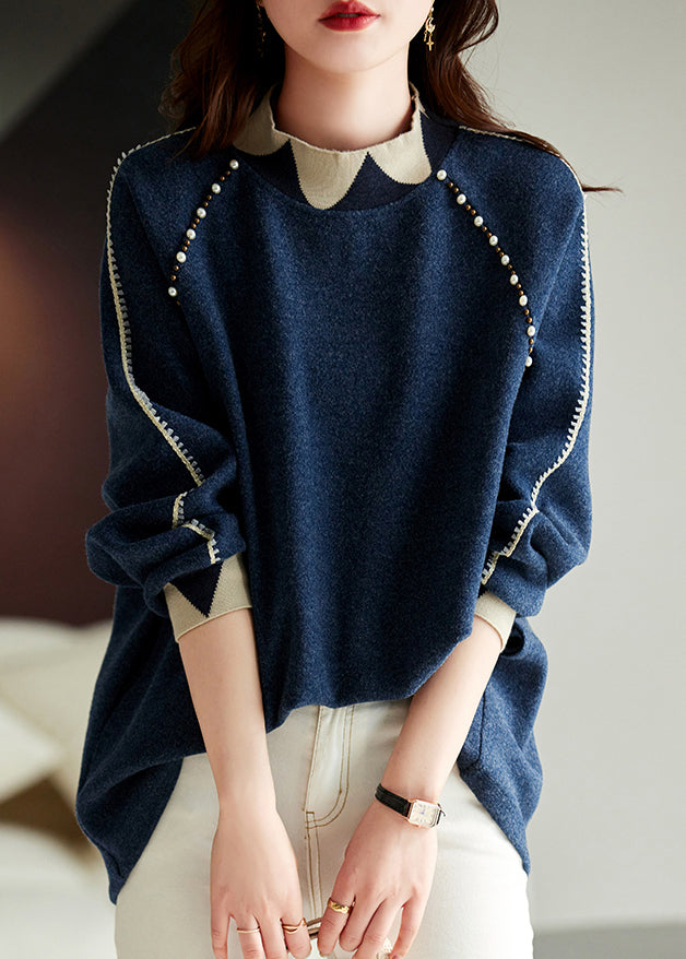 Chic Navy Nail Bead Thick Patchwork Woolen Knitted Tops Winter