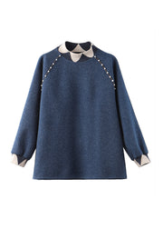 Chic Navy Nail Bead Thick Patchwork Woolen Knitted Tops Winter