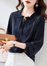 Chic Navy Neck Tie Patchwork Chiffon Shirt Long Sleeve