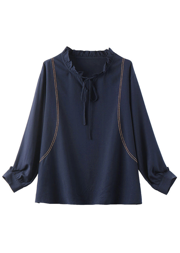 Chic Navy Neck Tie Patchwork Chiffon Shirt Long Sleeve