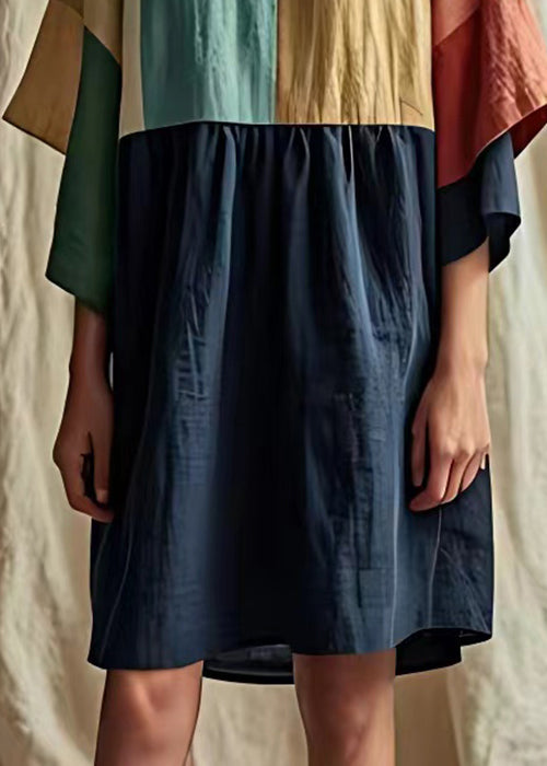 Chic Navy O Neck Patchwork Linen Dress Half Sleeve