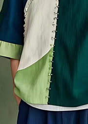 Chic Navy Original Design Patchwork Linen Shirt Tops Flare Sleeve