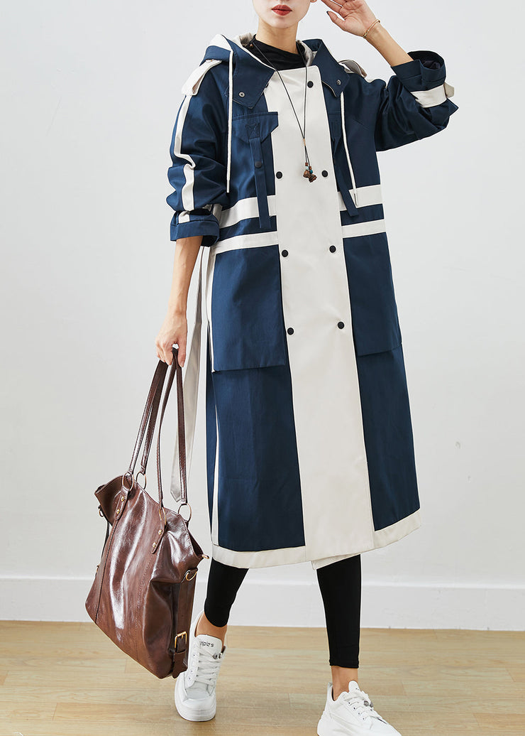 Chic Navy Oversized Patchwork Original Design Cotton Trench Coats Fall