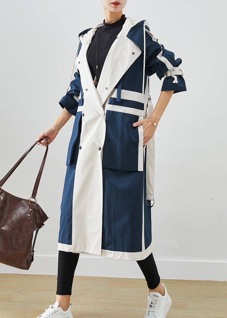 Chic Navy Oversized Patchwork Original Design Cotton Trench Coats Fall